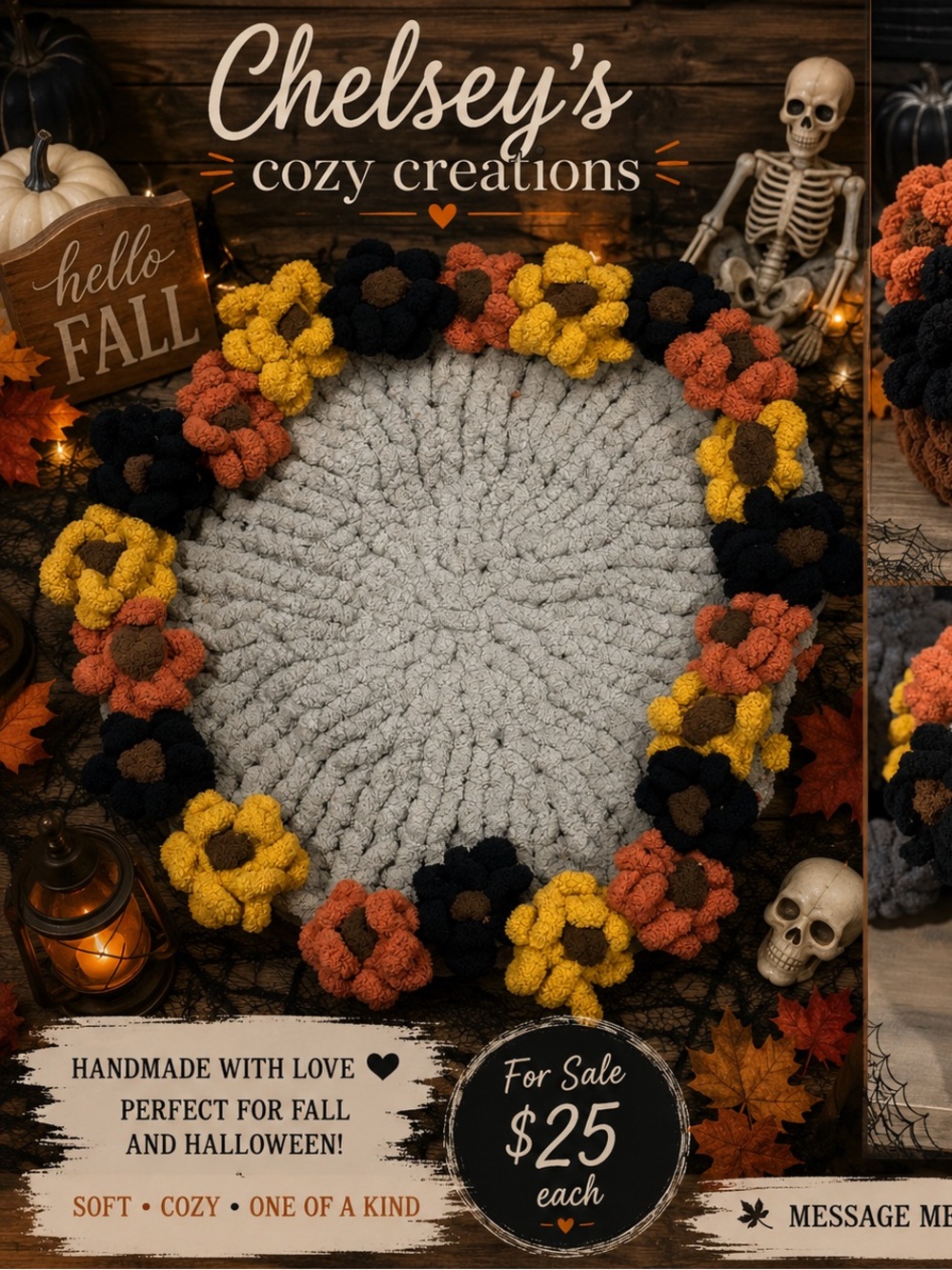 🌻 Handmade Chunky Knit Fall Flower Mat Bouquet 🍂